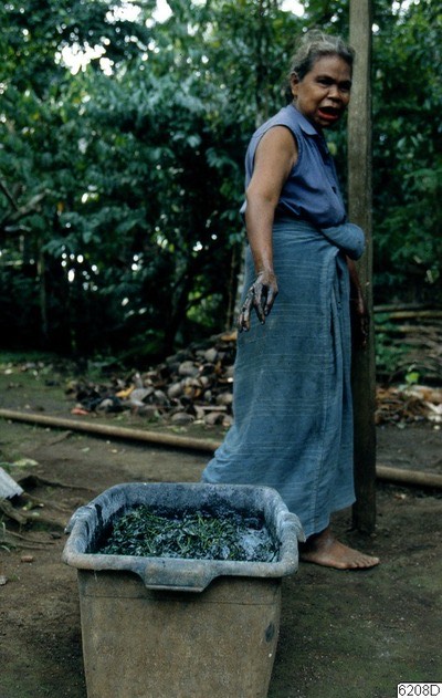 Indigo-stained hands at a dye basin
