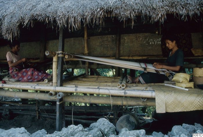 Two weavers under a thatched roof